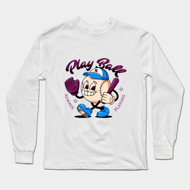 Play Ball, a cartoon illustration of a baseball mascot Long Sleeve T-Shirt by Vyndesign